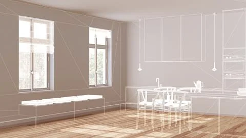 Empty white interior with parquet floor and window, custom architecture des.. Illustrazione stock
