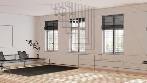 Empty white interior with parquet floor and window, custom architecture des.. Stock Illustration