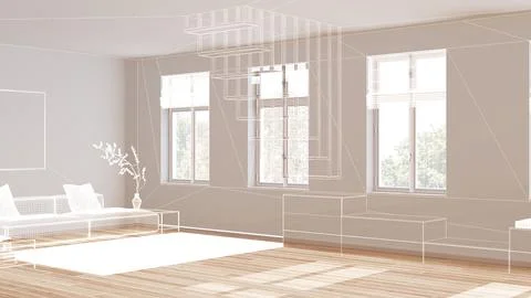 Empty white interior with parquet floor and window, custom architecture des.. Stock Illustration