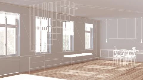 Empty white interior with parquet floor and window, custom architecture des.. Illustrazione stock