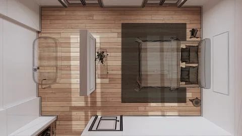 Empty white interior with parquet floor, custom architecture design project.. Stock Illustration