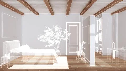 Empty white interior with parquet floor, custom architecture design project.. Stock Illustration