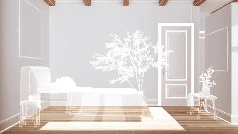 Empty white interior with parquet floor, custom architecture design project.. Illustrazione stock