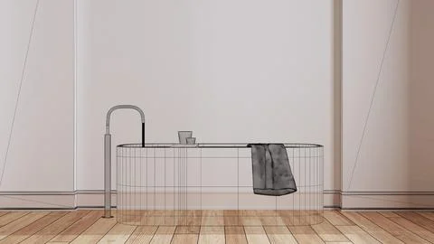Empty white interior with parquet floor, custom architecture design project.. Illustrazione stock