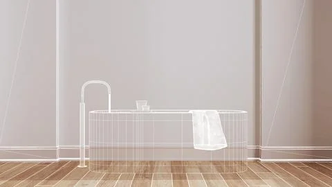 Empty white interior with parquet floor, custom architecture design project.. Illustrazione stock