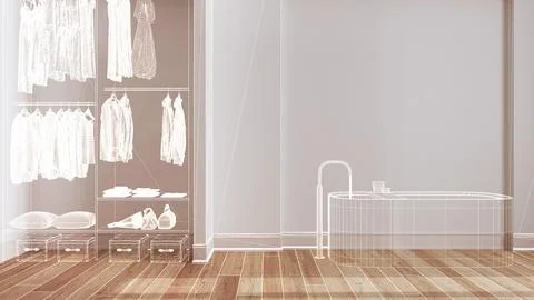 Empty white interior with parquet floor, custom architecture design project.. Stock Illustration
