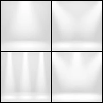 Empty white interior, photo studio room with lamps vector backgrounds set Stock Illustration