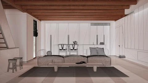 Empty white interior with resin floor, wooden beams ceiling, custom archite.. Stock Illustration
