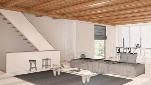 Empty white interior with resin floor, wooden beams ceiling, custom archite.. Stock Illustration