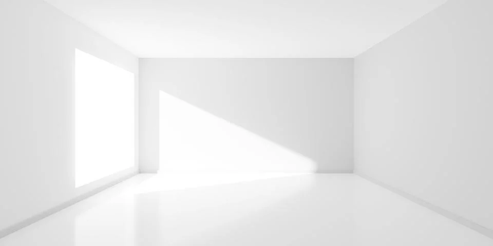 Empty white interior room with large window and sun shadow, modern architectu Stock Illustration