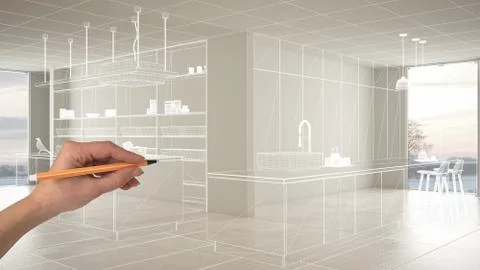 Empty white interior with white ceramic marble tiles floor, hand drawing cust Stock Illustration
