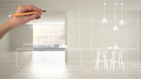 Empty white interior with white ceramic marble tiles floor, hand drawing cust Stock Illustration