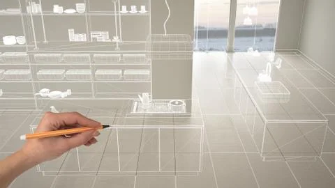 Empty white interior with white ceramic marble tiles floor, hand drawing cust Stock Illustration