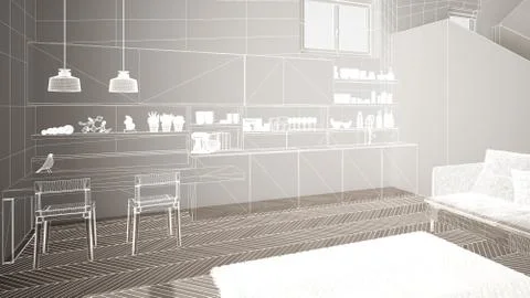 Empty white interior with white herringbone parquet floor, custom architectur Stock Illustration