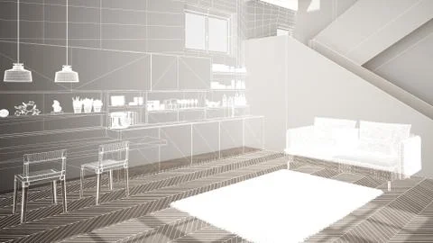 Empty white interior with white herringbone parquet floor, custom architectur Illustrazione stock