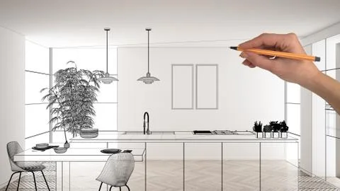 Empty white interior with white marble ceramic tiles, hand drawing custom arc Stock Illustration