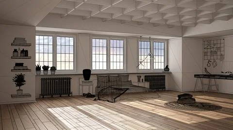Empty white interior with white parquet wooden floor, custom architecture des Illustrazione stock
