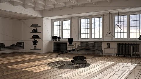 Empty white interior with white parquet wooden floor, custom architecture des Illustrazione stock