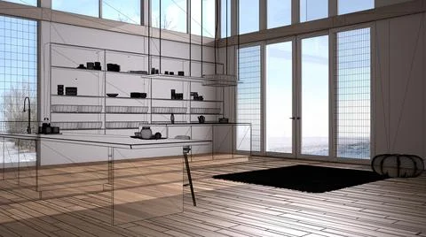 Empty white interior with white parquet wooden floor, custom architecture des Illustrazione stock