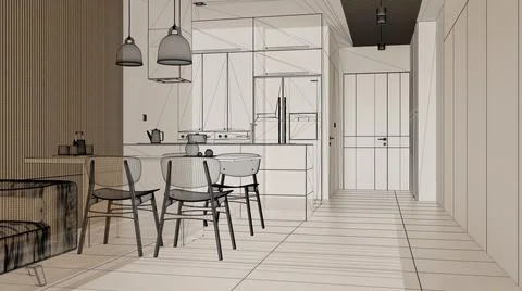 Empty white interior with white walls and herringbone parquet wooden floor, c Illustrazione stock