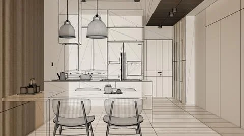 Empty white interior with white walls and herringbone parquet wooden floor, c Stock Illustration