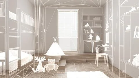 Empty white interior with white walls and herringbone parquet wooden floor, c Stock Illustration
