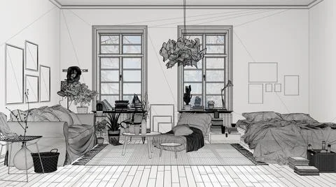 Empty white interior with white walls and parquet wooden floor, custom archit Stock Illustration