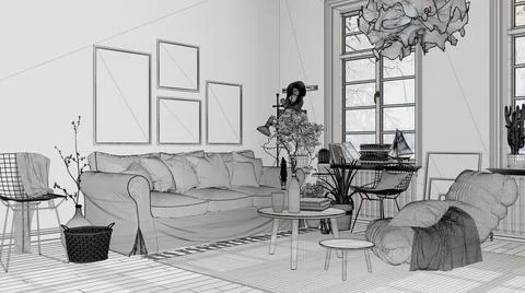 Empty white interior with white walls and parquet wooden floor, custom archit Stock Illustration