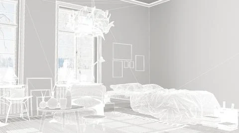 Empty white interior with white walls and parquet wooden floor, custom archit Stock Illustration