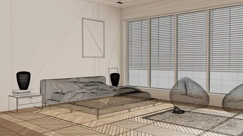 Empty white interior with white walls and herringbone parquet wooden floor, c Illustrazione stock