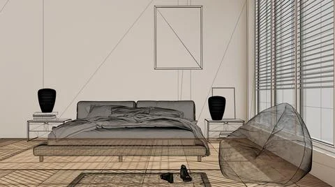 Empty white interior with white walls and herringbone parquet wooden floor, c Stock Illustration