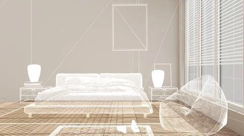 Empty white interior with white walls and herringbone parquet wooden floor, c Stock Illustration