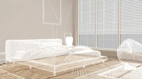 Empty white interior with white walls and herringbone parquet wooden floor, c Stock Illustration