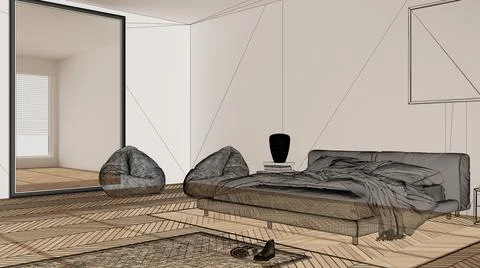 Empty white interior with white walls and herringbone parquet wooden floor, c Illustrazione stock
