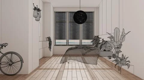 Empty white interior with white walls and herringbone parquet wooden floor, c Illustrazione stock