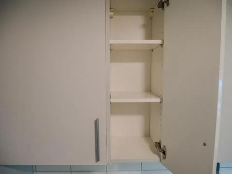 Empty White Kitchen Cabinet Shelves, Storage Interior Closeup Stock Photos