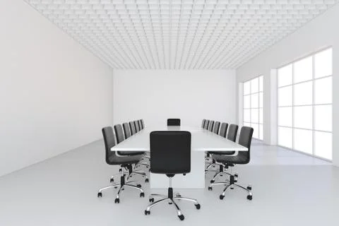 Empty white large meeting room with leather chairs and a table. 3d rendering Stock Illustration