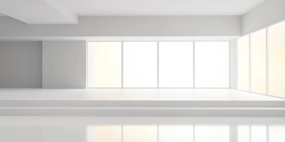 Empty white loft studio with big windows and bright warm day lighting 3d render Stock Illustration