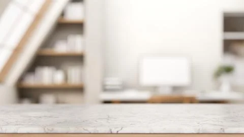 Empty white marble counter across bookshelf and computer table in bright at.. Stock Illustration