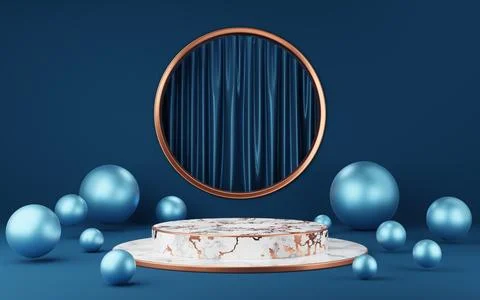 Empty white marble cylinder podium with copper border, striped, ball on gol.. Stock Illustration