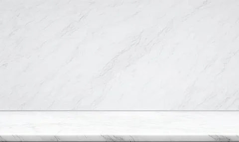 Empty white marble table top on white wall mock up banner abstract background Stock Photos