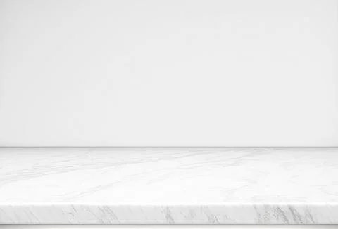 Empty white marble table top on white wall mock up banner abstract background Stock Photos