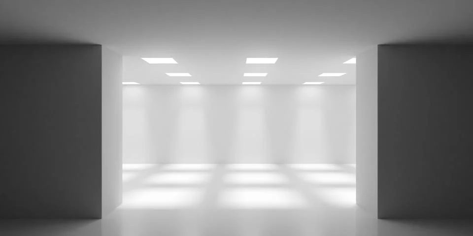 Empty white minimal room background with light grid on the ceiling, modern .. Ilustração Stock
