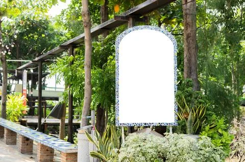 Empty white with Mosaic pattern frame information board with mock up space Foto stock