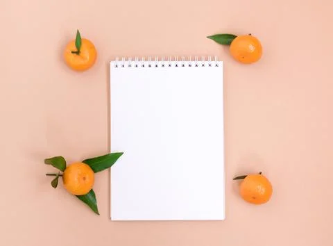 An empty white notebook and tangerines on a peach background. Template with.. Stock Photos