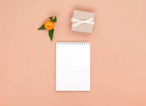 An empty white notebook, a tangerine and a small gift on a peach background Stock Photos