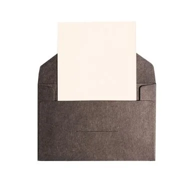 Empty white paper mockup or invitation card pulled from an open brown envelope Stock Photos