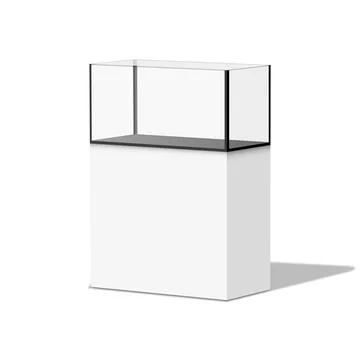 Empty white pedestal with a rectangular glass display case blank mockup, re.. 스톡 일러스트