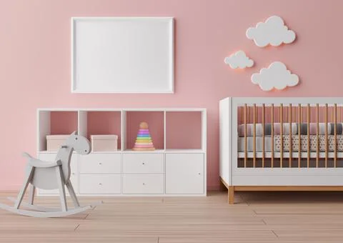 Empty white picture frame on pink wall in modern child room. Mock up interior Stock Photos