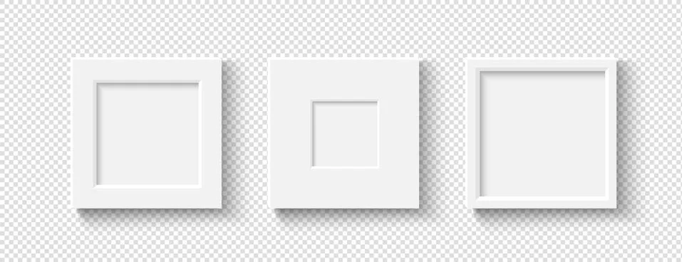 Empty white picture frames set. Square elegant plactic or wooden frame. Illustrazione stock